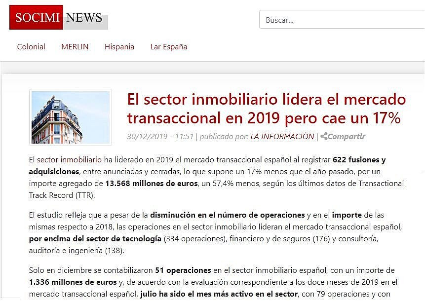 El sector inmobiliario lidera el mercado transaccional en 2019 pero cae un 17%